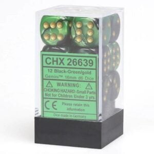 CHESSEX 26639 GEMINI 16mm 12xD6 BLACK-GREEN/GOLD